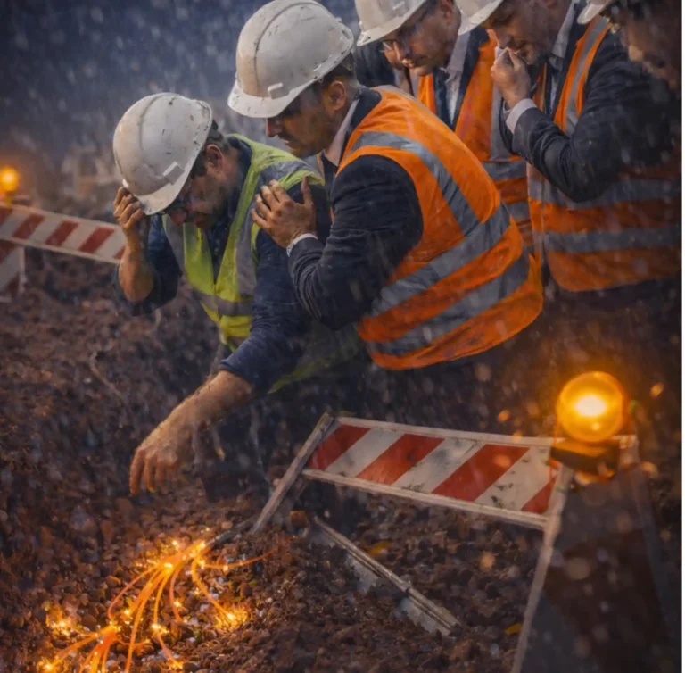 Verzweifelte Arbeiter schauen besorgt in einen Baugraben, wo sich leuchtende Kabelfasern befinden. Es regnet und die Absperrbarrikaden sind halb im Boden versunken