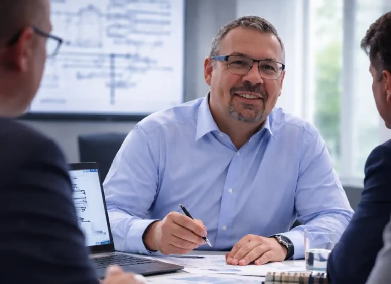 Michael Schweinberger, zertifizierter Gutachter für Glasfasernetze, im Gespräch mit Kunden zur technischen Bewertung eines Glasfaserprojekts.