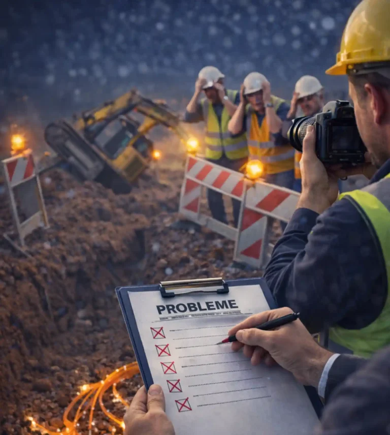 Ein Gutachter dokumentiert mit Kamera und einer Checkliste Mängel auf einer Baustelle, während im Hintergrund ein Baggerunfall und ratlose Arbeiter an einem Graben mit orangefarbenen Mikrorohren zu sehen sind.