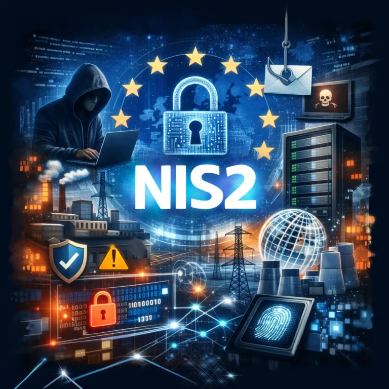 Eine detailreiche Grafik zur NIS2-Richtlinie zeigt Symbole für Cybersecurity wie digitale Schlösser, Fingerabdruck-Scanner und Serverracks vor dem Hintergrund kritischer Infrastrukturen.