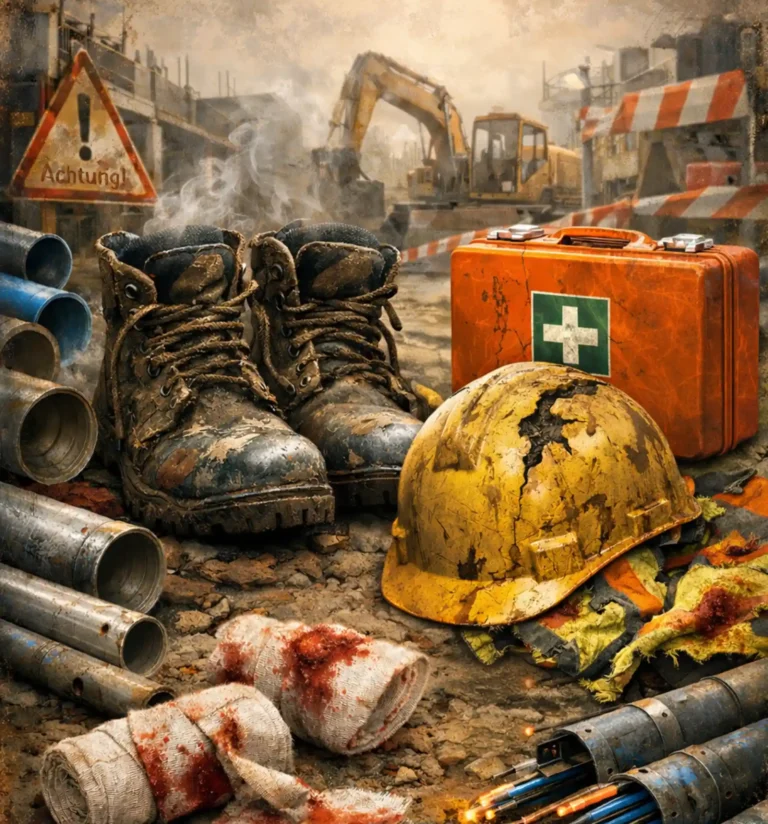 Eine symbolische Darstellung von Sicherheitsrisiken auf einer Baustelle zeigt verschmutzte Arbeitsstiefel, einen beschädigten Helm und blutige Verbände neben freigelegten Glasfaserkabeln.