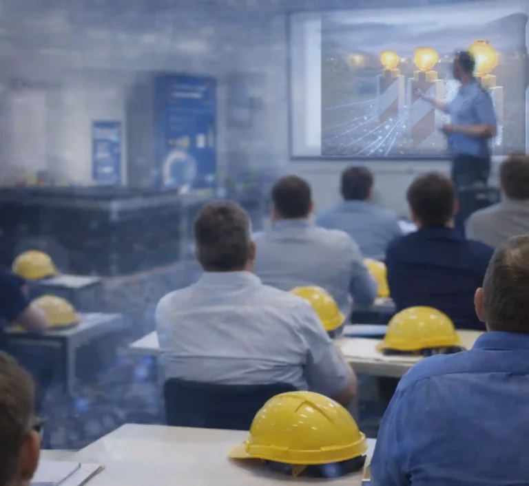 Teilnehmer einer Fachschulung sitzen an Tischen mit bereitgelegten gelben Schutzhelmen und verfolgen eine Präsentation zur professionellen Baustellensicherung. Der Trainer erläutert am Bildschirm die fachgerechte Absicherung beim Netzausbau, um einen sicheren und störungsfreien Glasfaseranschluss zu gewährleisten.