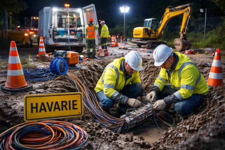 Techniker reparieren beschädigtes Glasfaserkabel in Baugrube nach Havarie im Telekommunikationsnetz, Baustelle mit Warnkegeln, Kabeln und Bagger im Hintergrund.