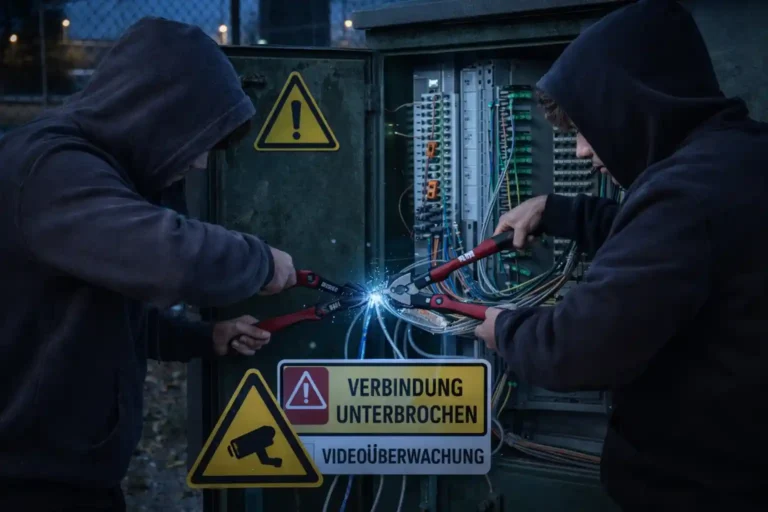 Techniker prüfen beschädigten Telekommunikations-Verteilerkasten mit unterbrochener Verbindung – Beispiel für kritische Infrastruktur und Cybersicherheitsanforderungen nach NIS2.