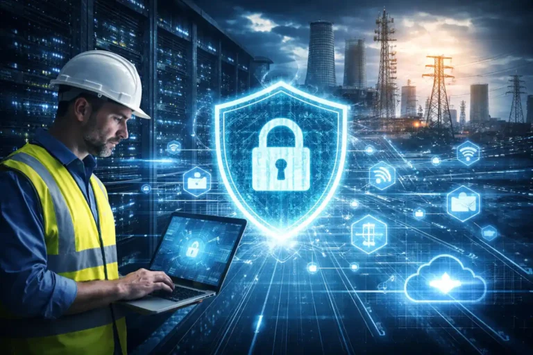 Ein Techniker bedient einen Laptop vor einer futuristischen Netzwerkgrafik mit einem leuchtenden Sicherheitsschloss, das für maximale Datensicherheit steht.