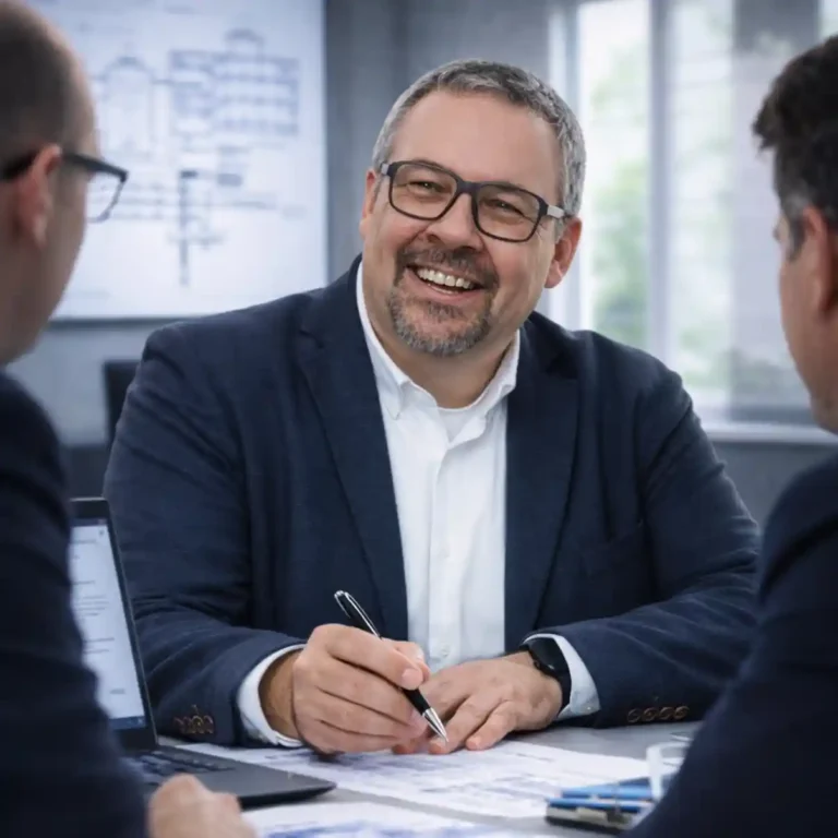 Michael Schweinberger, Inhaber und zertifizierter Sachverständiger blickt professionell in einer Besprechung in die Kamera