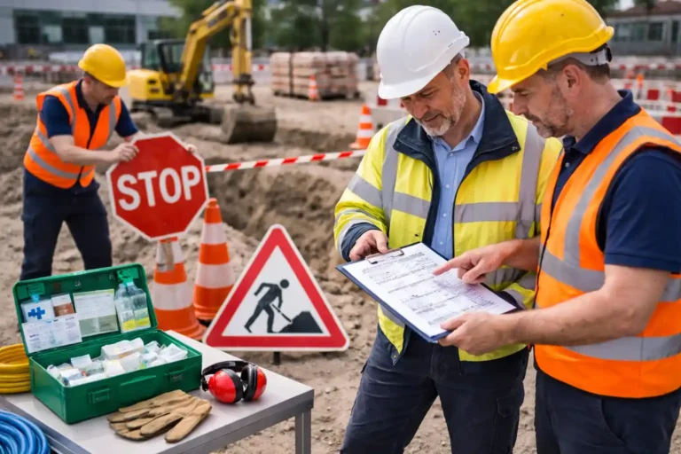 Zwei Fachkräfte in Sicherheitskleidung prüfen einen Plan auf einem Klemmbrett, während im Hintergrund ein Bagger an einem Graben arbeitet. Die Szene zeigt die professionelle Absicherung einer Baustelle mit Verkehrszeichen und einem bereitstehenden Erste-Hilfe-Set neben aufgewickelten Mikrorohren. Diese sorgfältige Planung im Tiefbau bildet das Fundament für einen zuverlässigen Glasfaseranschluss.