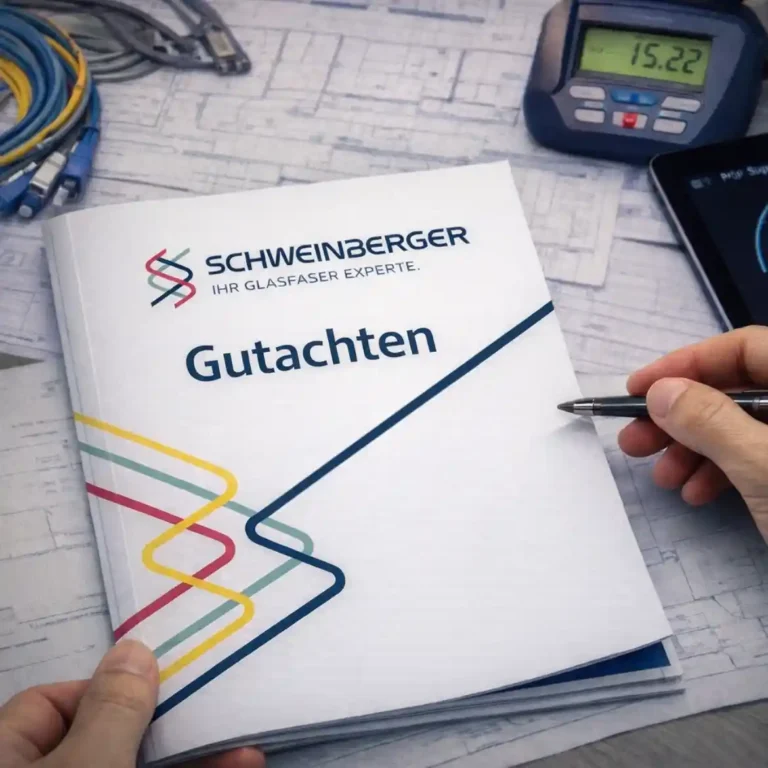 Ein offizielles Gutachten von Schweinberger Glasfaser Experte liegt auf einem Arbeitstisch neben professioneller Messtechnik und Glasfaser-Komponenten. Die detaillierte Dokumentation und Prüfung durch einen zertifizierten Sachverständigen sichert die Einhaltung technischer Standards beim Bau von Infrastrukturen für einen leistungsstarken Glasfaseranschluss.