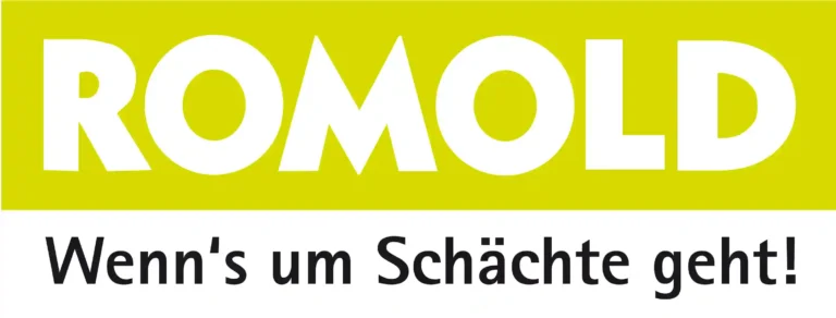 Das Logo der Firma ROMOLD mit dem Slogan „Wenn's um Schächte geht!“ in weißer Schrift auf auffälligem gelbem Hintergrund steht für Expertise in der Schacht- und Infrastrukturtechnik.