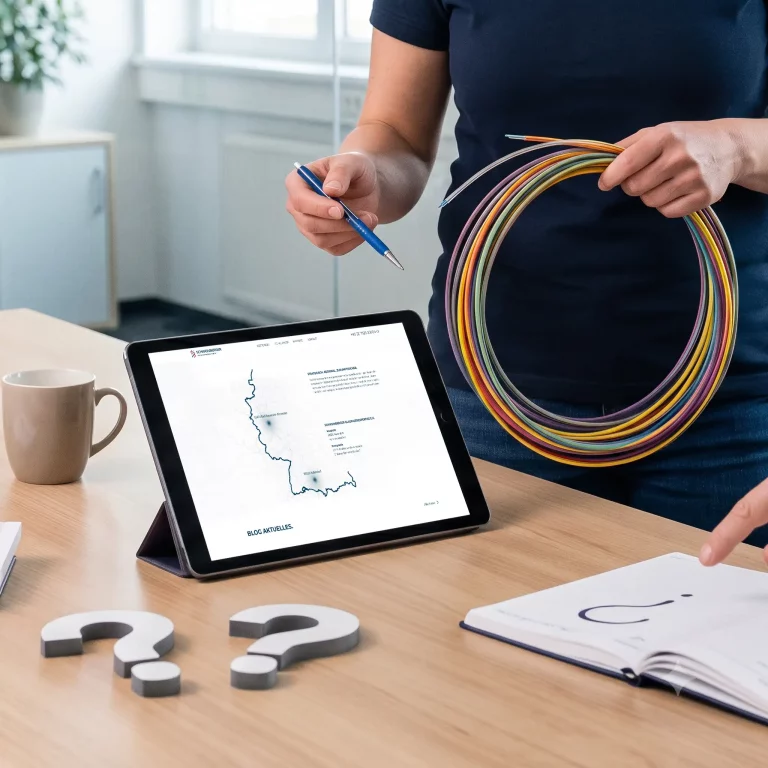 Person hält bunte Glasfaserkabel am Arbeitsplatz neben ein Tablet mit Netzwerkskizze